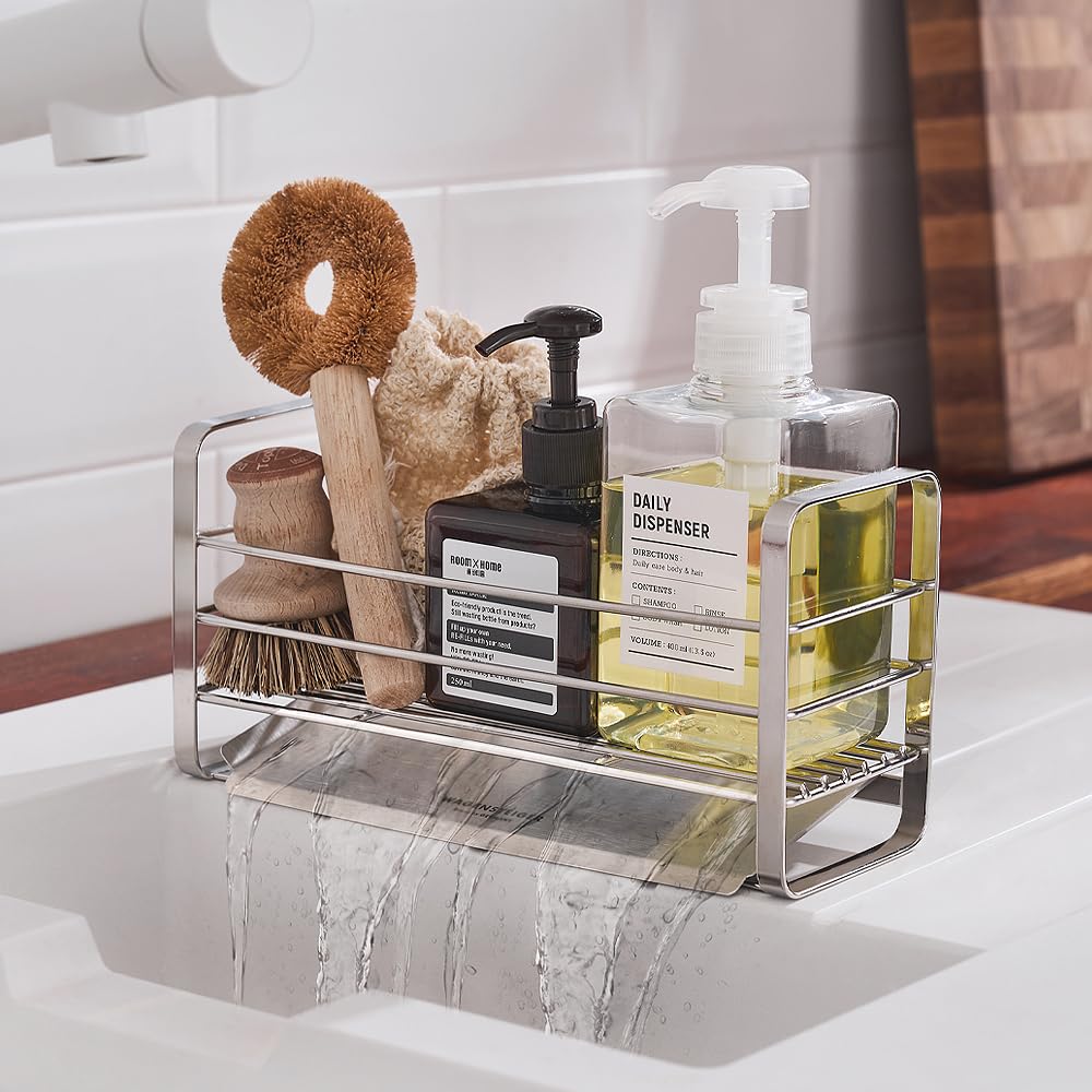 Stainless Steel Kitchen Sink Caddy | Rustproof Sponge & Soap Organizer with Drain Tray