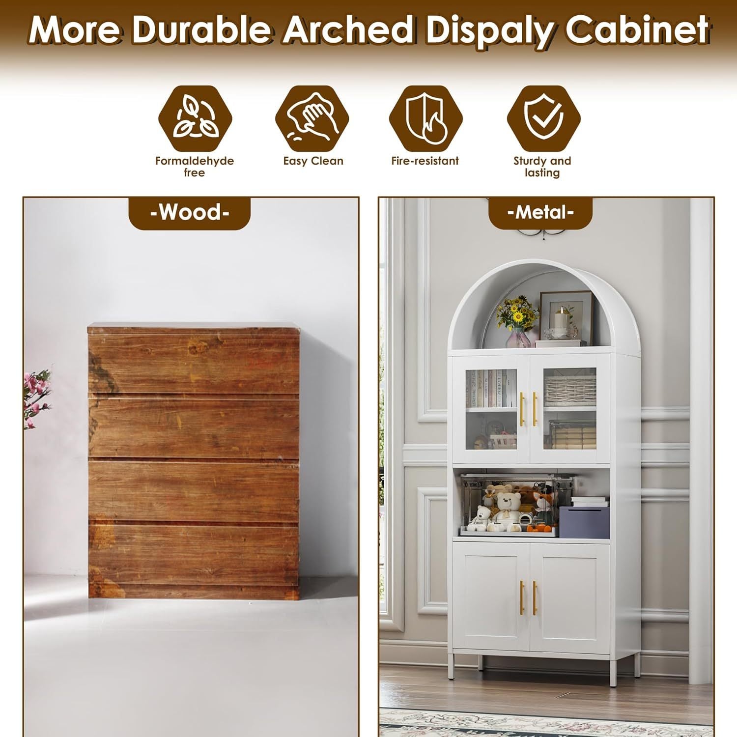 Arched Metal Pantry Cabinet with Glass Doors & Drawer | White