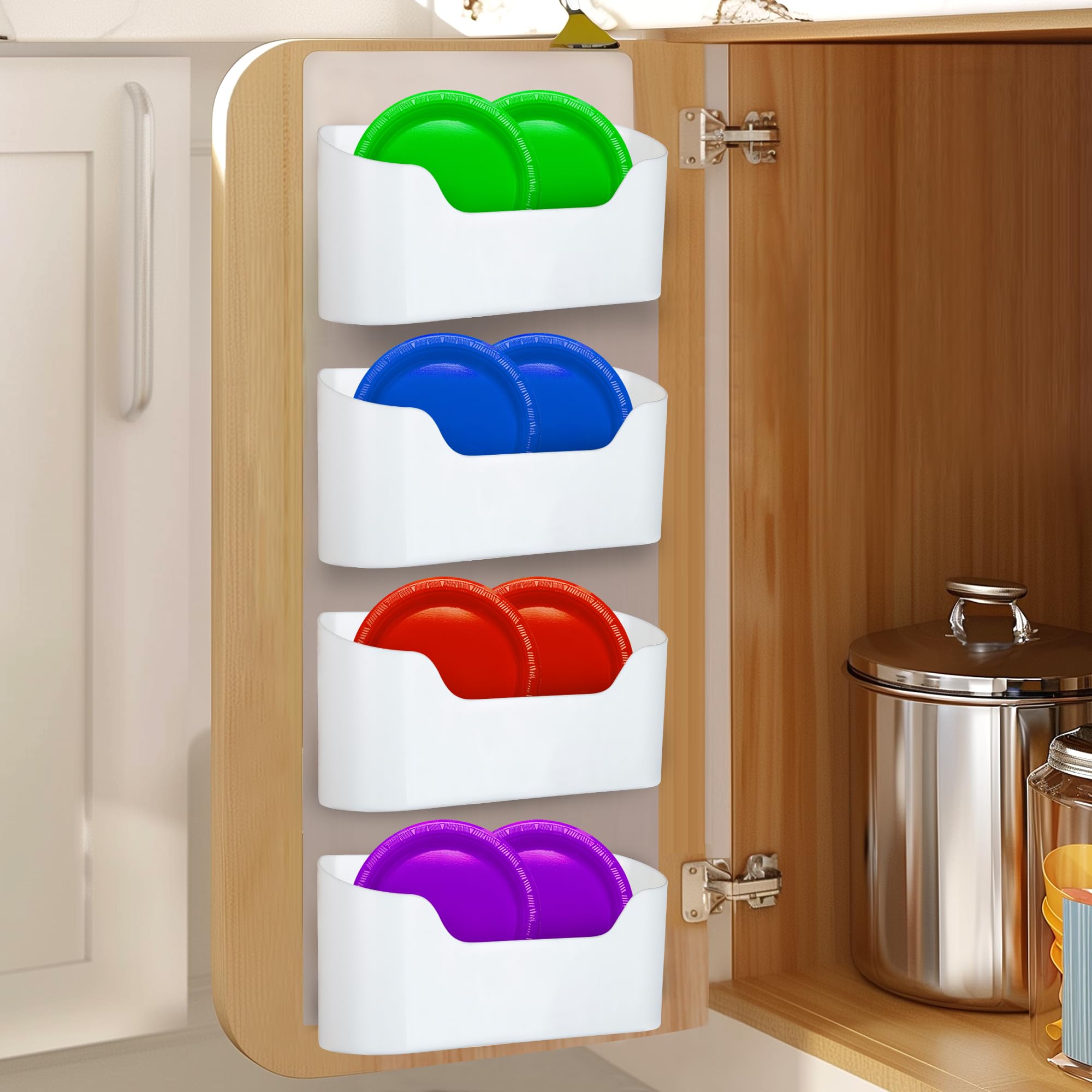 4 Pack Cabinet Lid Organizers | Adhesive Kitchen Storage BIns for Food Container Lids