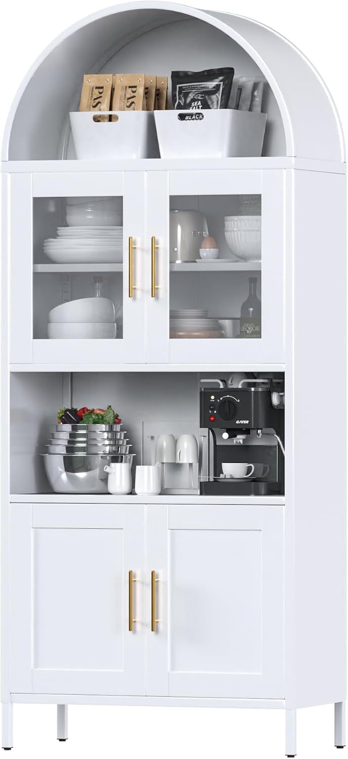 Arched Metal Pantry Cabinet with Glass Doors & Drawer | White