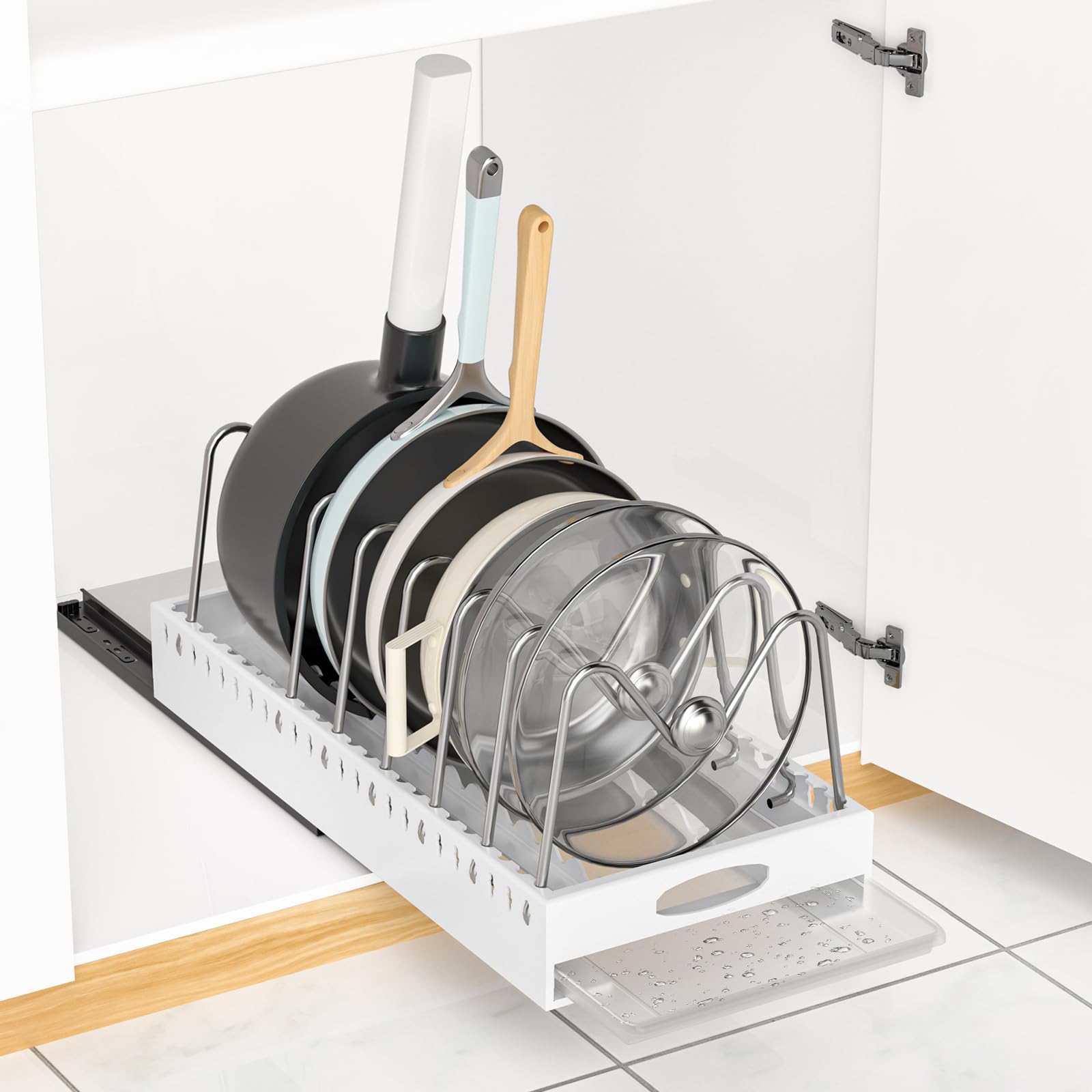 Adjustable Pull-Out Pot & Pan Organizer | Sliding Cabinet Cookware Storage Rack