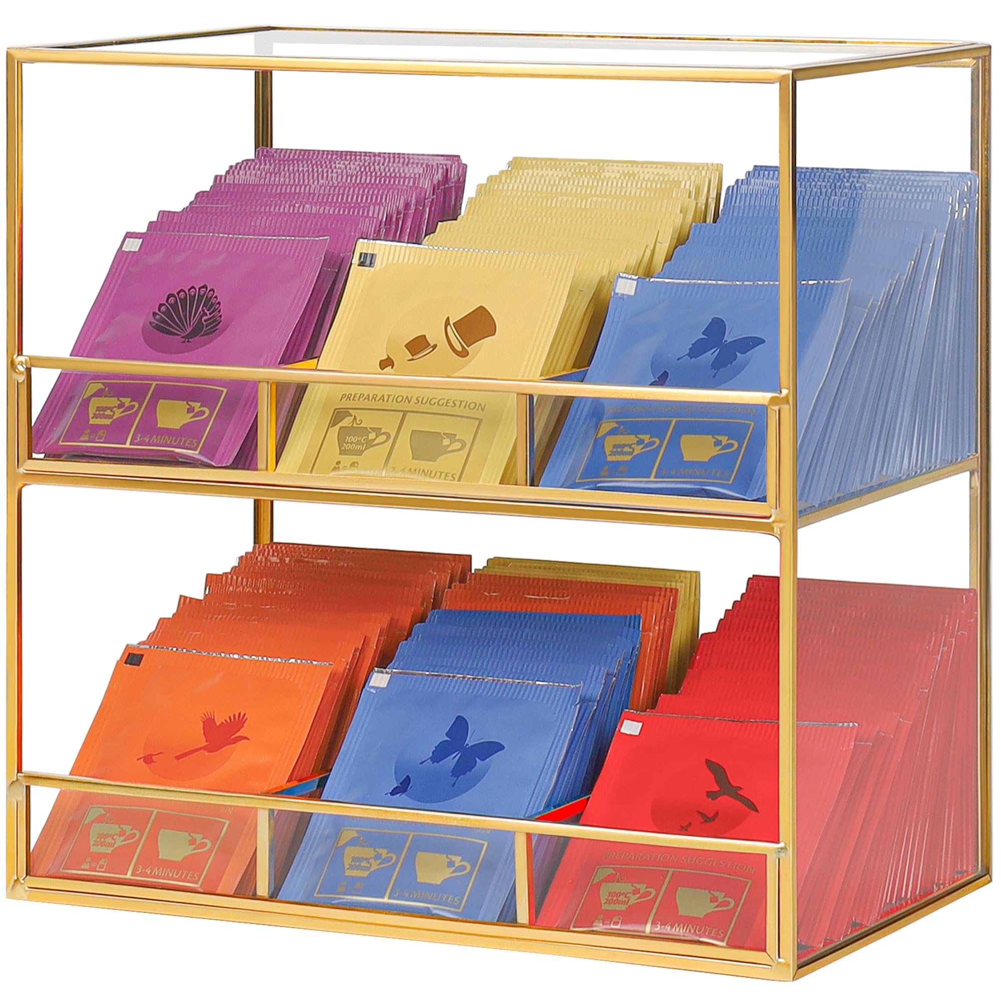 Glass Tea Bag Organizer | 2 Tier Brass Storage  Box for Tea Bags & Coffee Station