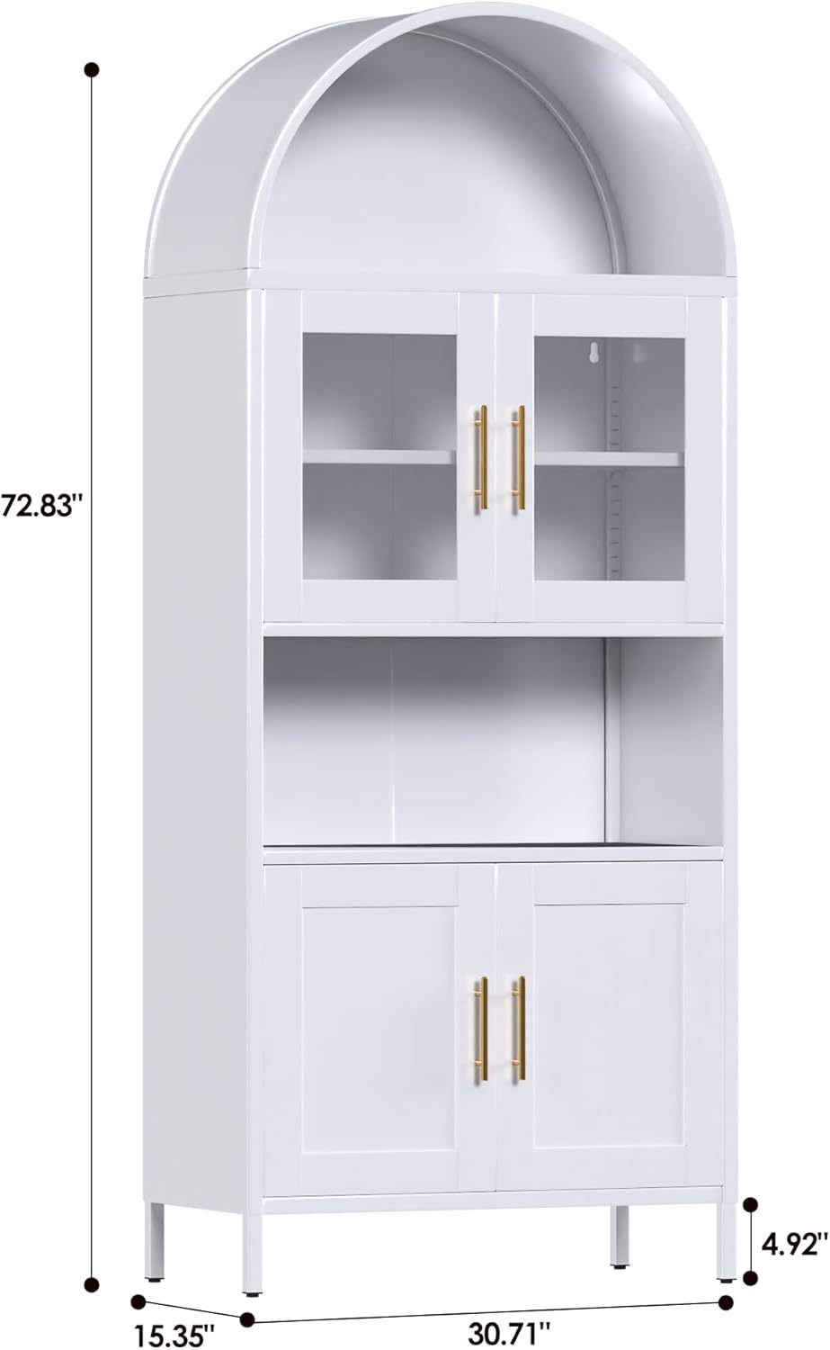 Arched Metal Pantry Cabinet with Glass Doors & Drawer | White