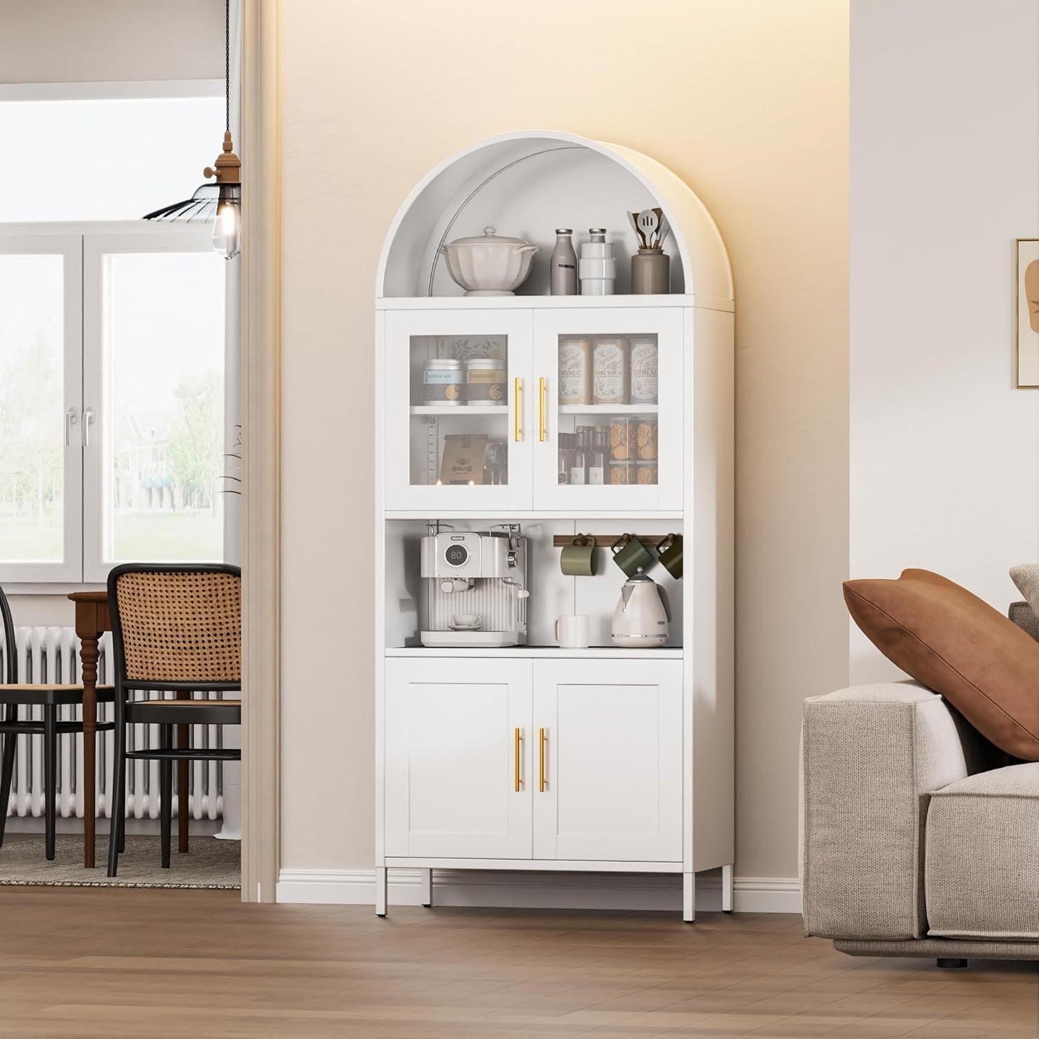 Arched Metal Pantry Cabinet with Glass Doors & Drawer | White