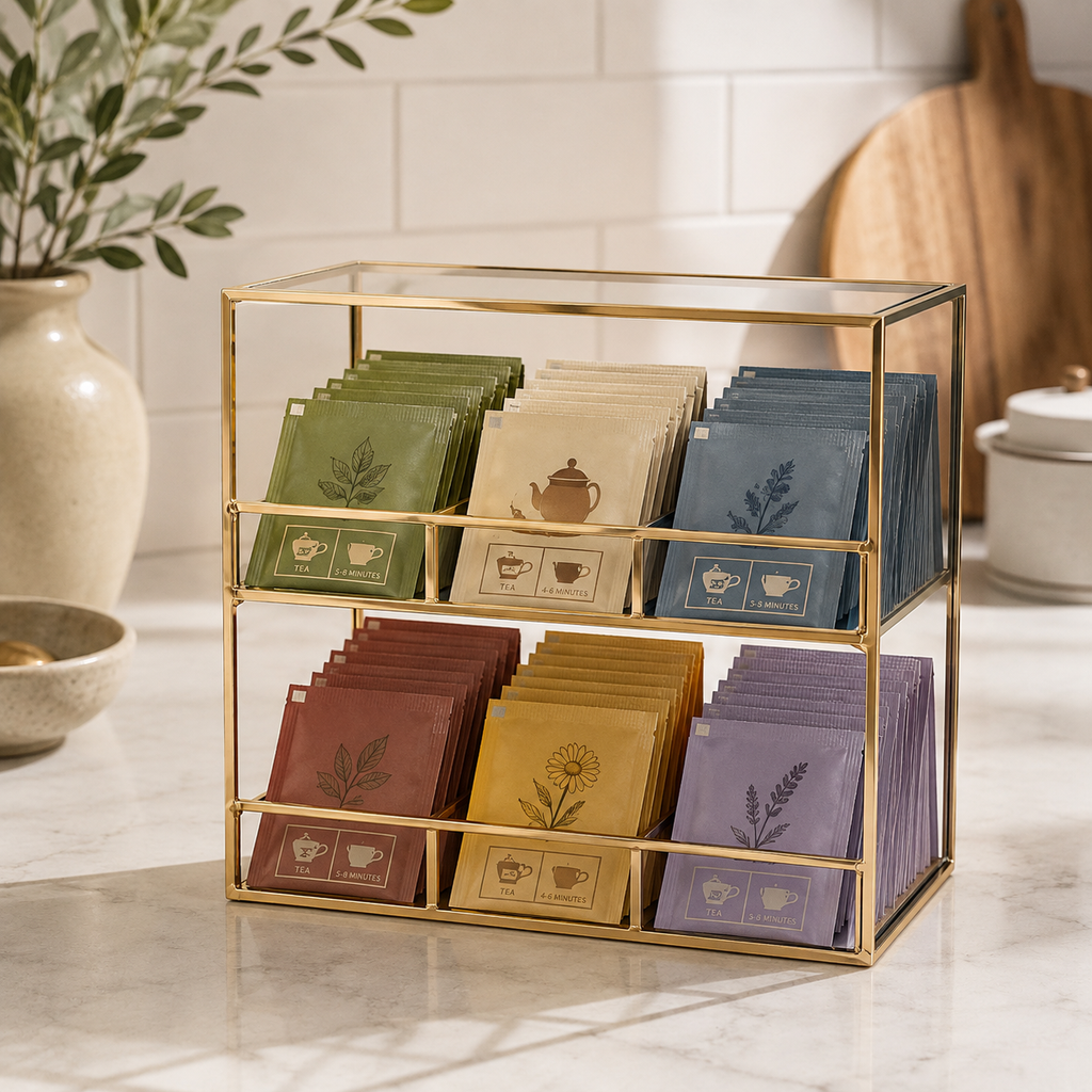 Glass Tea Bag Organizer | 2 Tier Brass Storage  Box for Tea Bags & Coffee Station