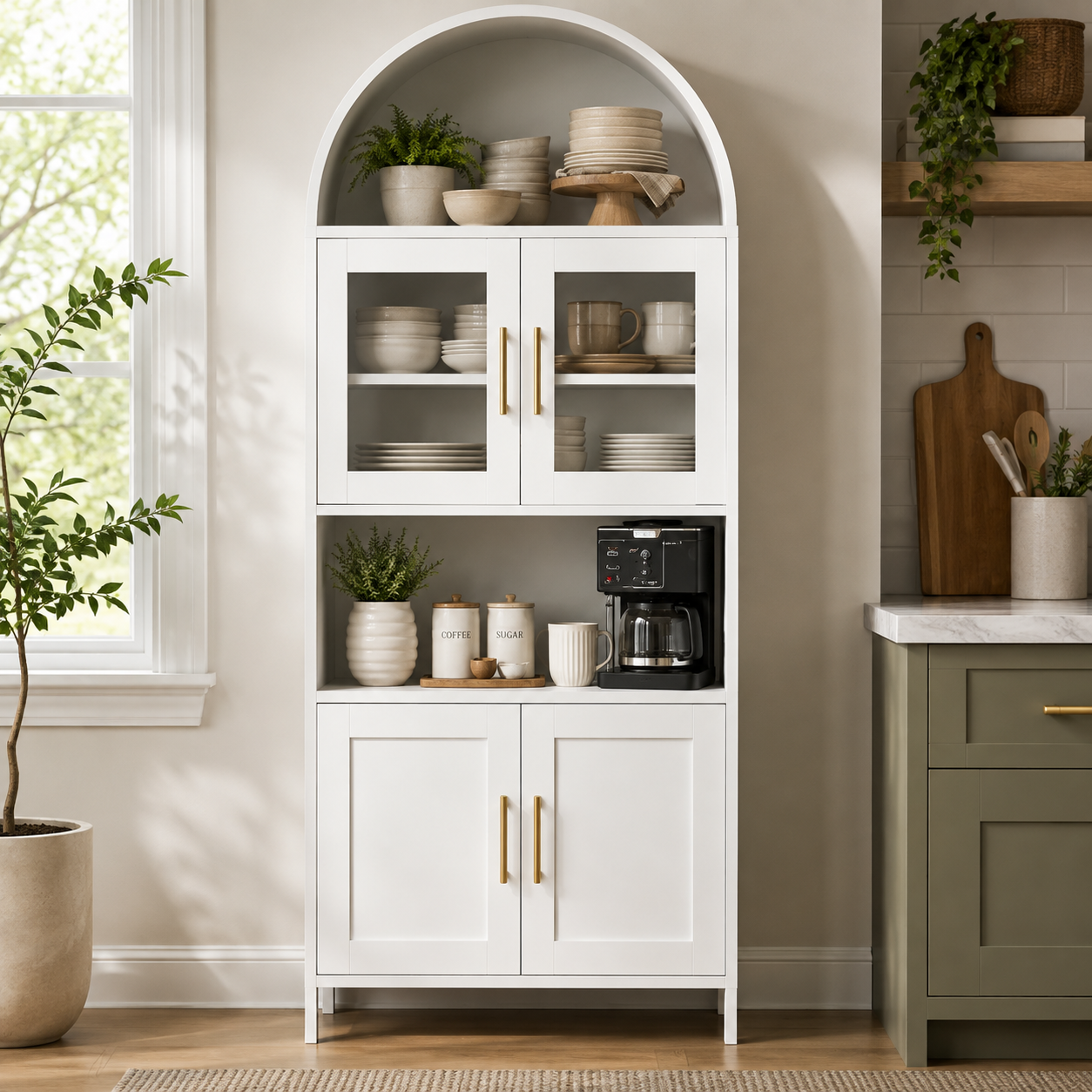Arched Metal Pantry Cabinet with Glass Doors & Drawer | White