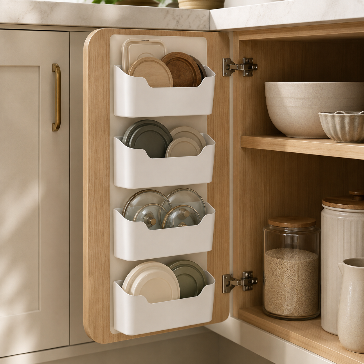 4 Pack Cabinet Lid Organizers | Adhesive Kitchen Storage BIns for Food Container Lids