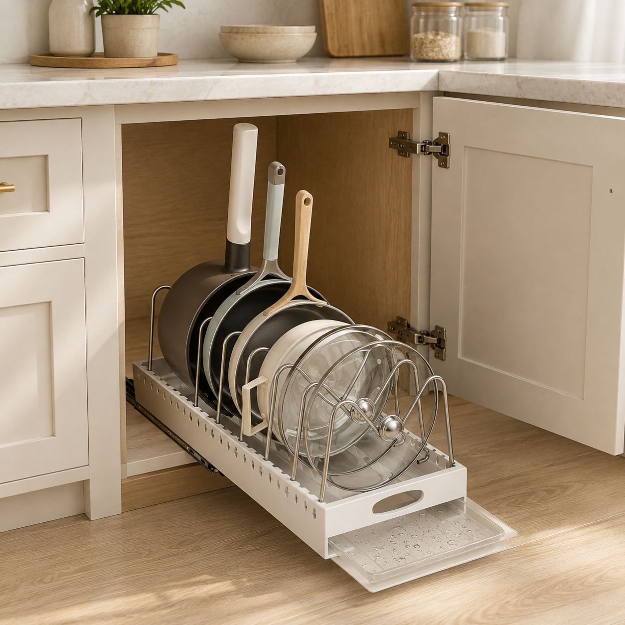 Adjustable Pull-Out Pot & Pan Organizer | Sliding Cabinet Cookware Storage Rack