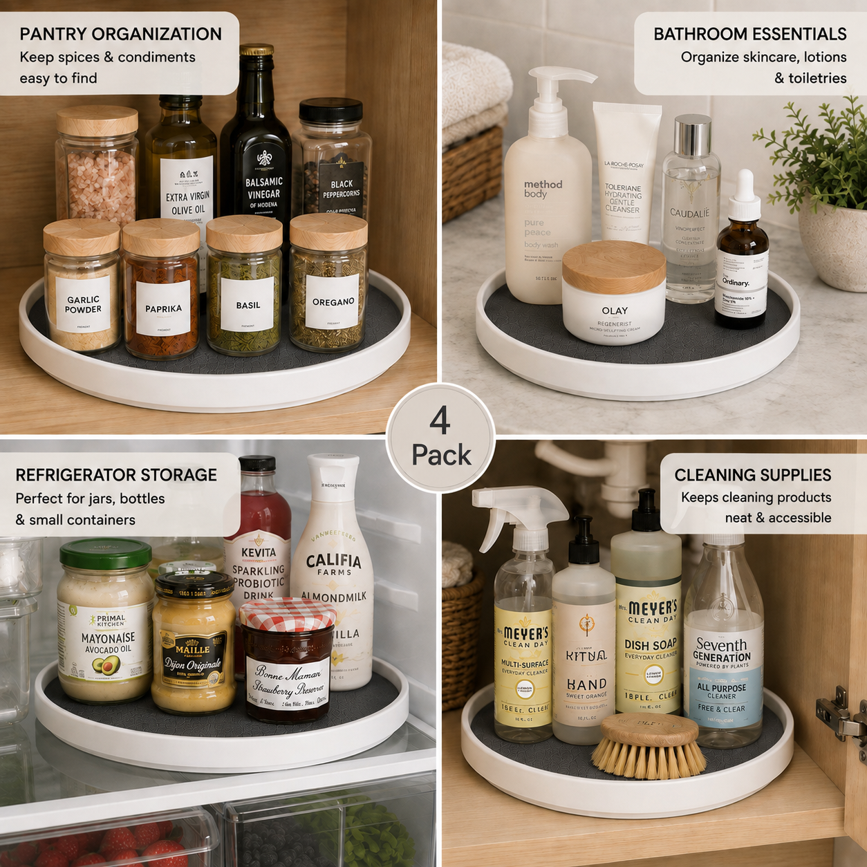 4-Pack 10" Lazy Susan Turntables | Non-Slip Rotating Organizers for Kitchen, Pantry & Fridge