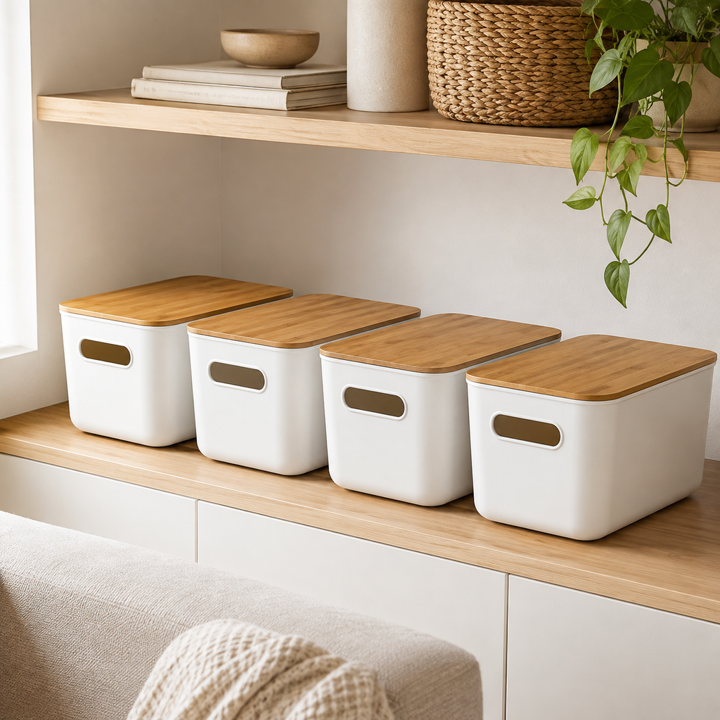 4-Piece Storage Bin Set with Bamboo Lids | Stackable Home Organizers