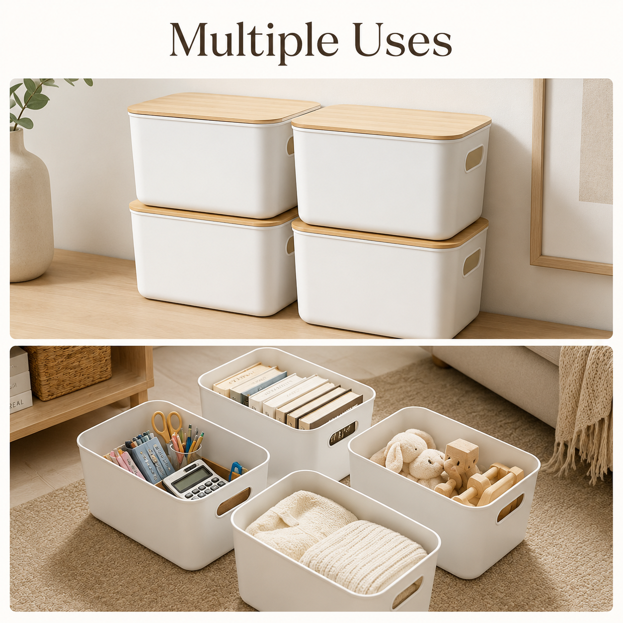 4-Piece Storage Bin Set with Bamboo Lids | Stackable Home Organizers