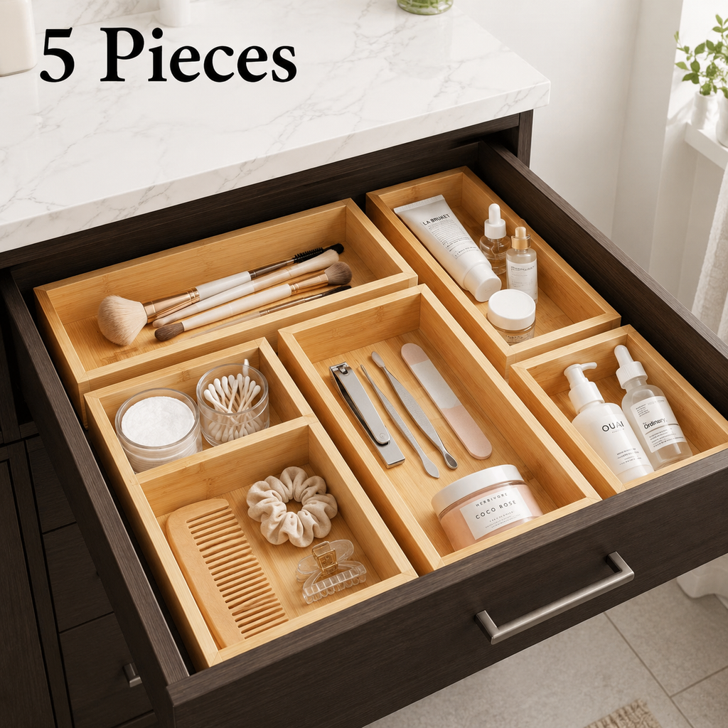 5-Piece Bamboo Drawer Organizer Set | Modular Vanity & Home Storage