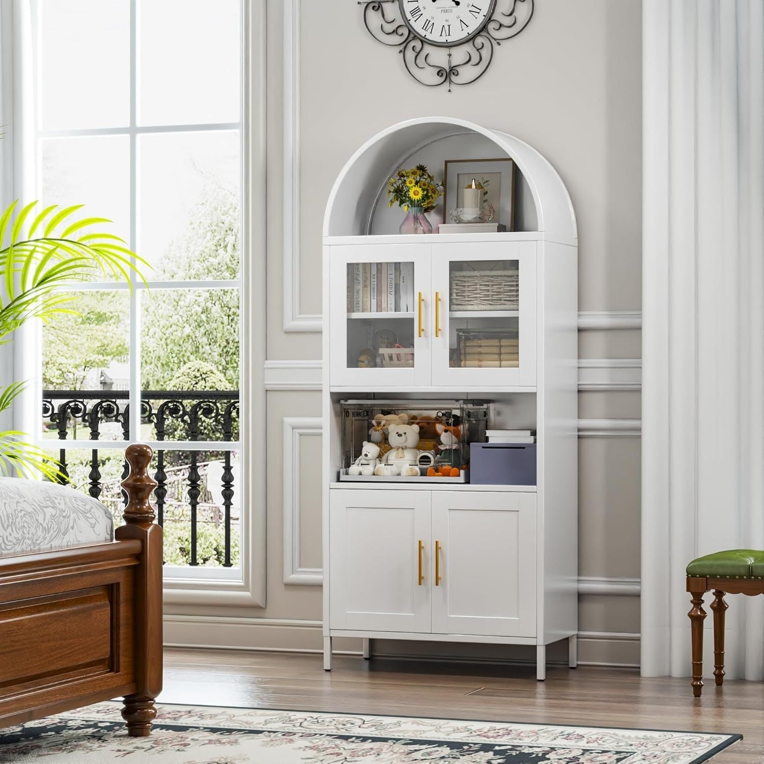 Arched Metal Pantry Cabinet with Glass Doors & Drawer | White