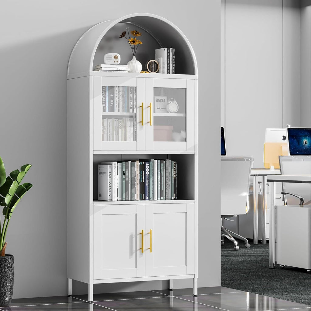 Arched Metal Pantry Cabinet with Glass Doors & Drawer | White
