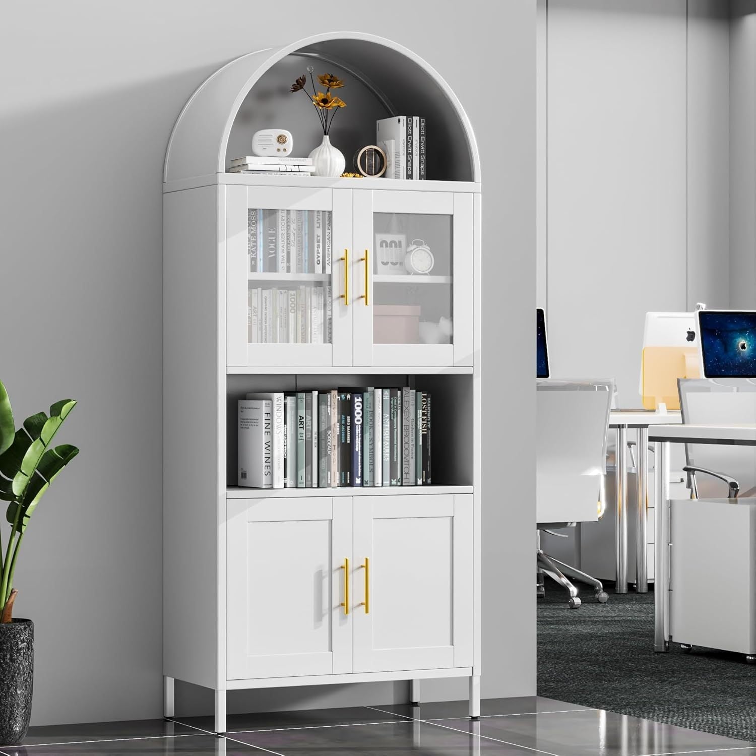 Arched Metal Pantry Cabinet with Glass Doors & Drawer | White